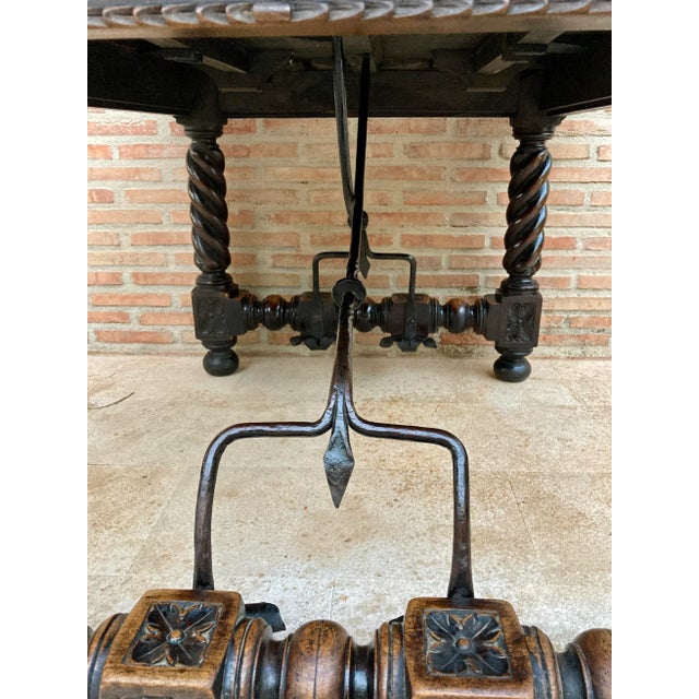 Spanish Baroque Table with Dark Walnut Solomonic Legs with Carved Structure and Iron Stretcher For Sale - Image 17 of 18
