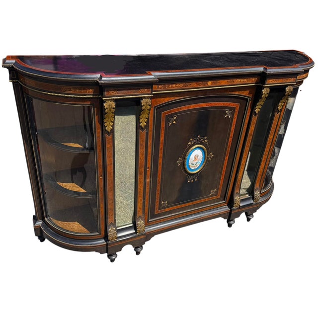 Antique French Ebonized Credenza Side Cabinet W Sevres Plaque.