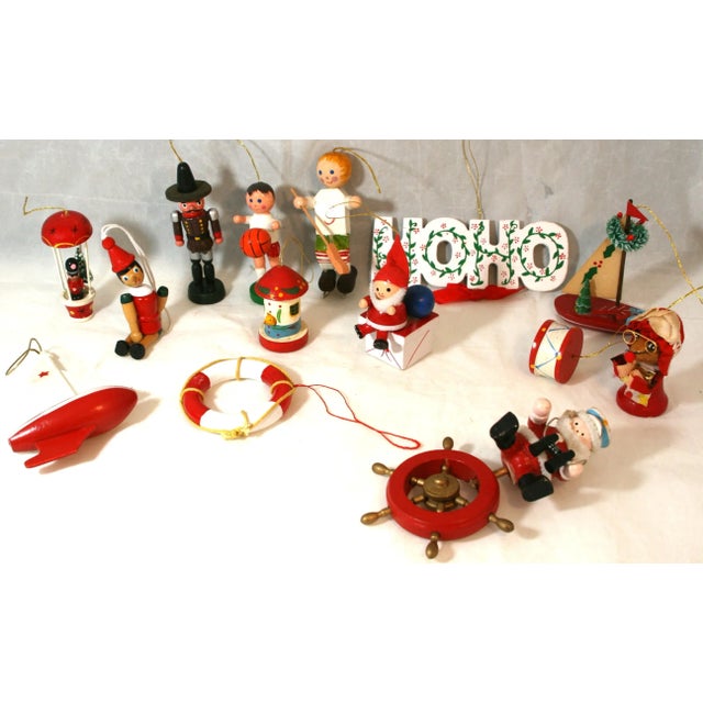 Red Vintage 1960s 14 Wooden Handcrafted Hanging Christmas Ornaments For Sale - Image 8 of 17