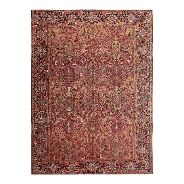 1890s Red Ground Geometric Antique Heriz Handknotted Room Size Rug For Sale