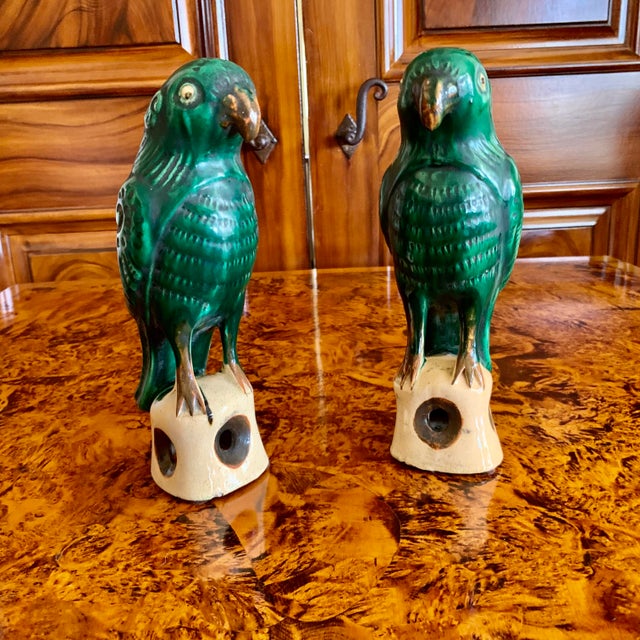 Pair of Antique Sancai Glazed Chinese Export Parrots For Sale - Image 9 of 10