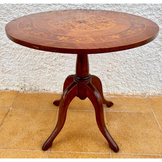 Victorian Mid Century Walnut With Marquetry Round Side Table, 1950s For Sale - Image 3 of 9