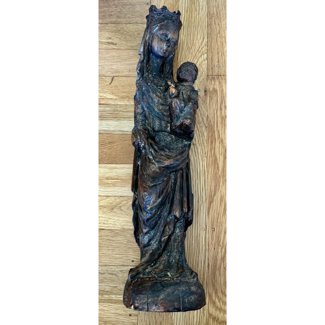 Early 20th Century Carved Wood Mary and Child in Medieval Style | Chairish
