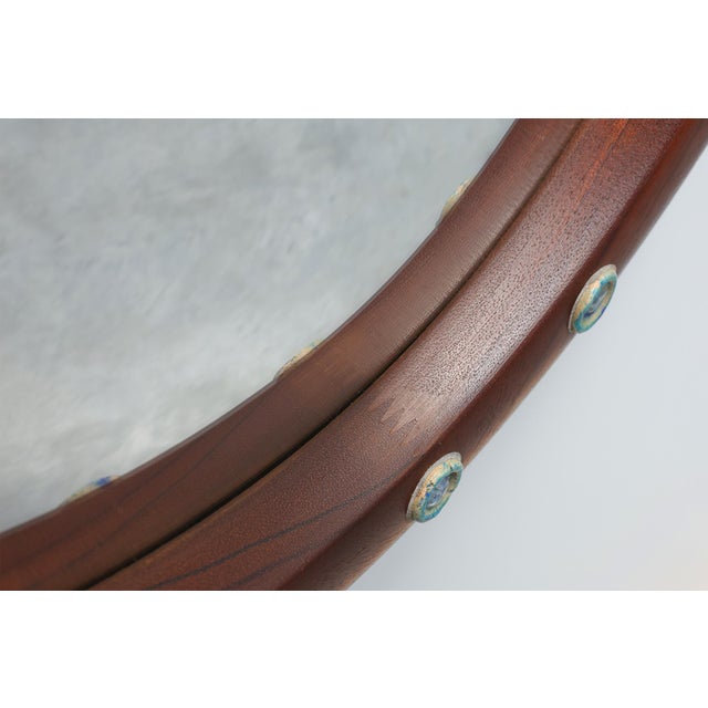 Wooden Round Mirror with Turquoise Ceramic Studs by Deknudt, Belgium, 1960s For Sale - Image 10 of 12
