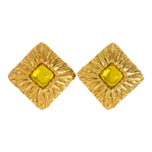 Jean Patou Paris Gilt Metal Sun Pair of Clip Earrings With Yellow Poured Glass Cabochon
