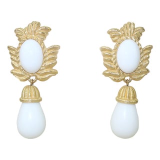 Givenchy Gold Plate White Drop Dangle Earrings, 1980's For Sale