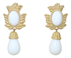 Givenchy Gold Plate White Drop Dangle Earrings, 1980's
