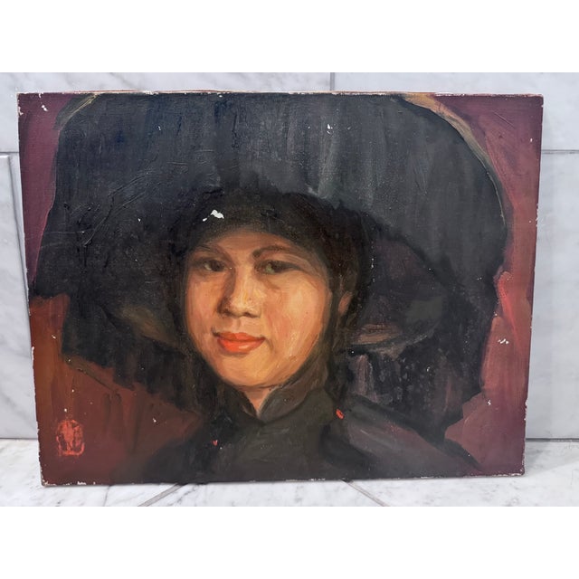 Early 20th Century Early 20th Century, Portrait of an Asian Woman, Oil on Canvas For Sale - Image 5 of 6