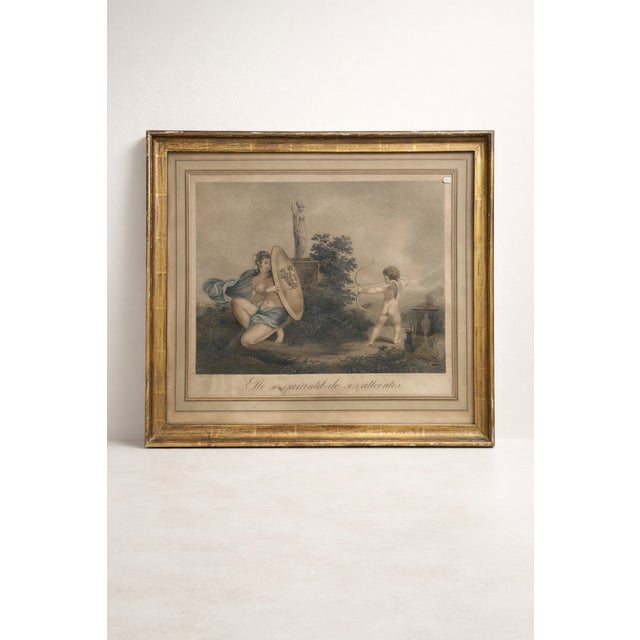 Antique engraving in a gilt frame, with the inscription "She protects herself from his attacks" Apollo, Medusa, Ancient...