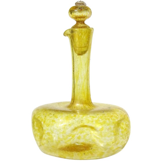Gold Murano Venetian Antique Yellow Spots Gold Fleck Italian Art Glass Dimple Squared Cruet Bottle For Sale - Image 8 of 8