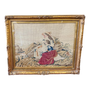 Antique Victorian Ornate Gilt Framed Scenic Landscape Needlework With People