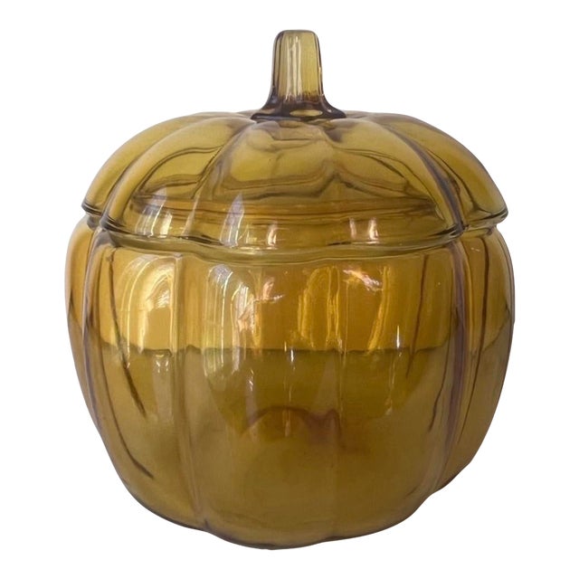 Vintage Anchor Hocking Glass Amber Pumpkin Candy/Cookie Jar Halloween/Fall Decor For Sale
