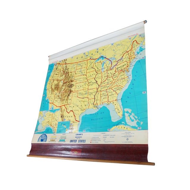 Mid-Century Modern Mid Century Cram's Beginner's United States School Map Pull Down Classroom Map For Sale - Image 3 of 18