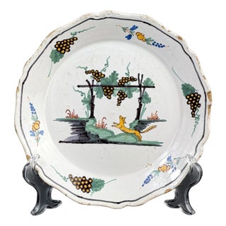 French Faience Plate with Hand-Painted Grape and Fox Motif from Nevers For Sale
