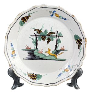 French Faience Plate with Hand-Painted Grape and Fox Motif from Nevers