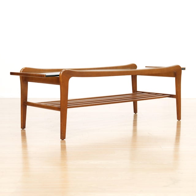 Mid Century Floating Glass and Teak Coffee Table With Magazine Rack For Sale - Image 4 of 10