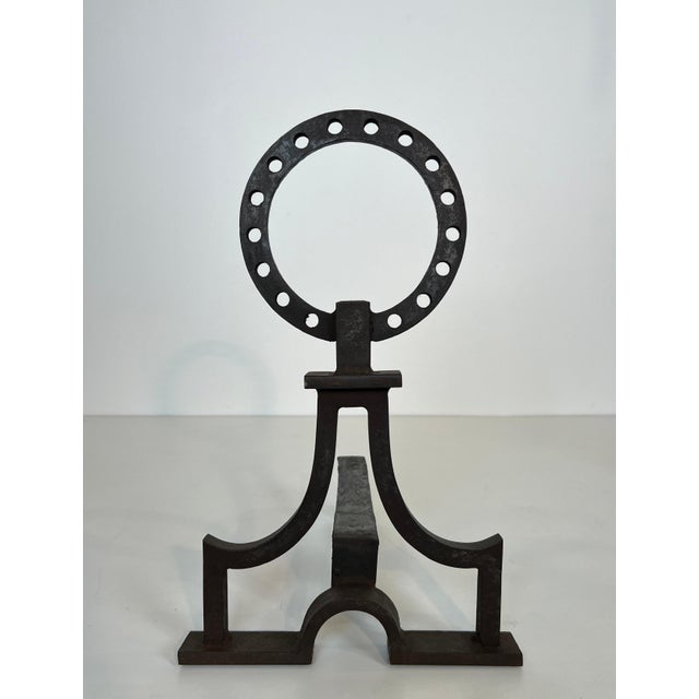 Metal Pair of modernist wrought iron andirons in the style of Gilbert Poillerat For Sale - Image 7 of 12