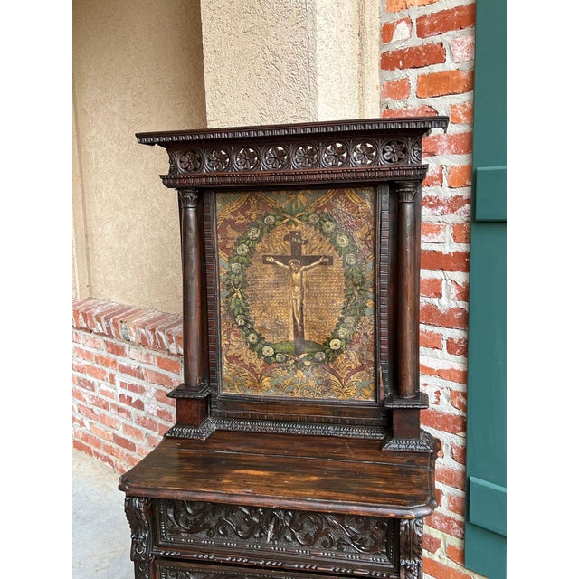 Gothic Antique French Gothic Devotional Cabinet Religious Painting Carved Oak Kneeler For Sale - Image 3 of 18
