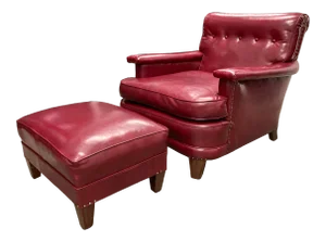 American Art Deco Club Chair & Ottoman in Red Naugahyde - a Pair