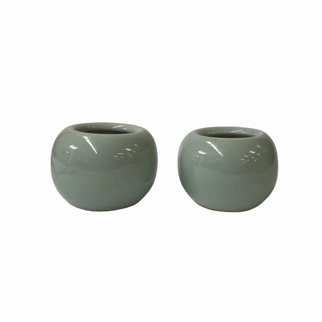 2020s 2 X Chinese Clay Ceramic Wu Celadon Green Small Vase Container For Sale - Image 5 of 5