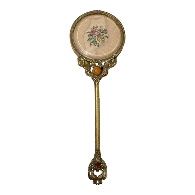 Large Antique 19th Century Gilt Bronze Petit Point Embroidery Vanity Hand Mirror For Sale
