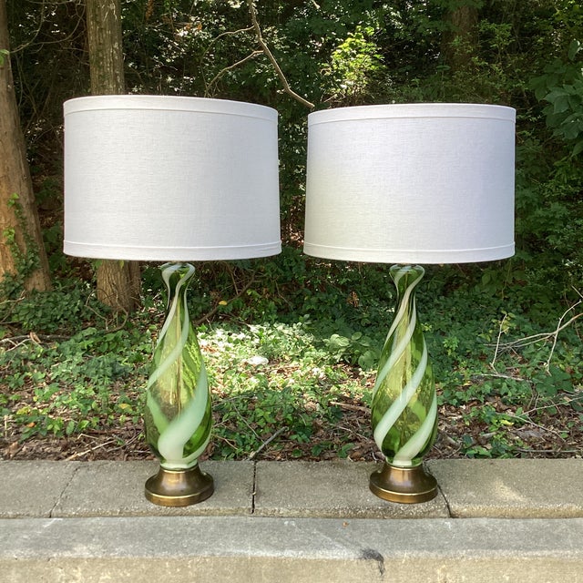 Glass Restored Pair of Green and White Candy Stripe Murano Attributed Lamps With Linen Drum Shades For Sale - Image 7 of 9