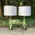 Glass Restored Pair of Green and White Candy Stripe Murano Attributed Lamps With Linen Drum Shades For Sale - Image 7 of 9