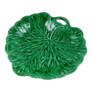 19th C. Wedgwood Green Glazed Majolica Handled Leaf and Basket Shallow Bowl Server