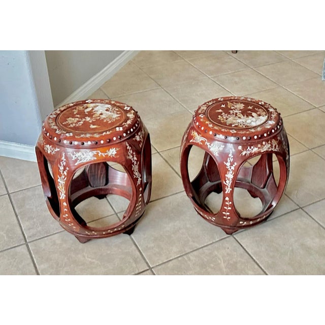 Pair Chinese Rosewood Mother Pearl Inlaid Garden Seat Stools For Sale - Image 4 of 12