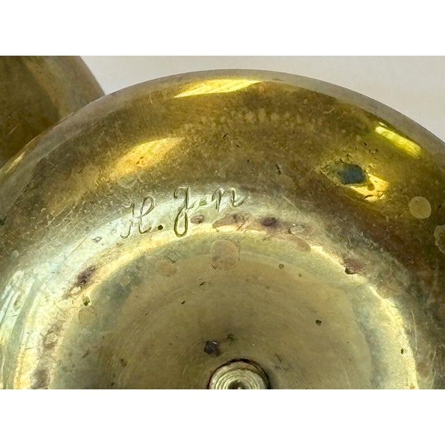 Brass Signed Antique Brass Adjustable Height Push-Up Candleholders- A Pair For Sale - Image 8 of 10