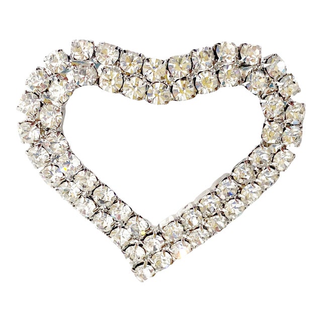 Vintage Clear Rhinestone Heart Brooch Pin Costume Jewelry Silver Toned For Sale