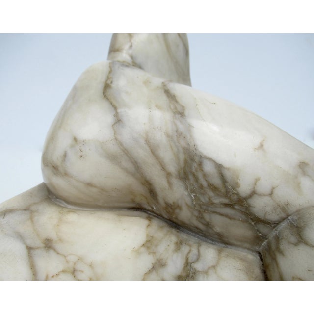 C.1970's Italian Carrara Marble Carved & Honed Reclined Female Figure Sculpture, Mounted on Round Black Marble Base For Sale - Image 11 of 13