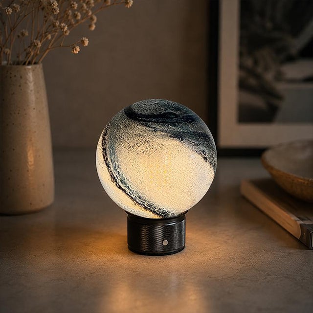 Metal Aloadecor Cosmic Blue Hand-Blown Art Glass Globe Table Lamp Cordless Rechargeable Decorative Bedside Lamp With Dimmable Led For Sale - Image 7 of 11