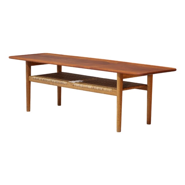 AT10 Coffee Table in Teak, Oak and Cane by Hans J. Wegner for Andreas Tuck, Denmark, 1950s For Sale