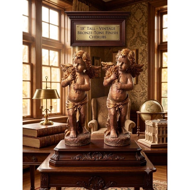 Elegant pair of vintage plaster cherub figurines, each finished in a warm gold-bronze tone. These winged figures feature...