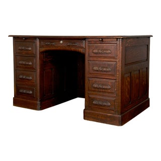 Antique French Art Nouveau Tiger Oak Partners Desk For Sale