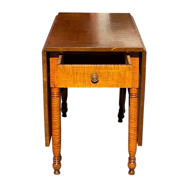 American Antique Federal Tiger Maple Dropleaf Dining Table With Full Drawer Exceptional For Sale - Image 3 of 12