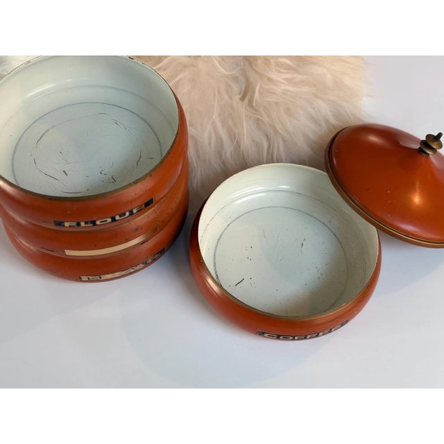 Mid-Century Modern 1960s Atomic Pagoda Orange Metal Canister Set For Sale - Image 3 of 7