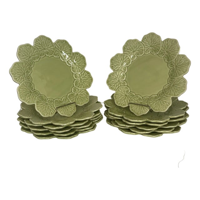 Bordallo Pinheiro Avocado Green Portuguese Majolica Dessert Plates- Set of 12 For Sale