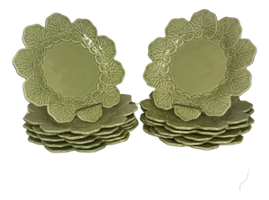 Bordallo Pinheiro Avocado Green Portuguese Majolica Dessert Plates- Set of 12