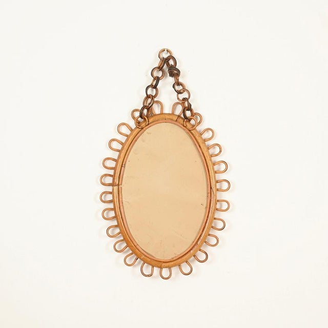 Gold Small Oval Mirror with Chain in Rattan and Bamboo by Franco Albini, Italy, 1960s For Sale - Image 8 of 9