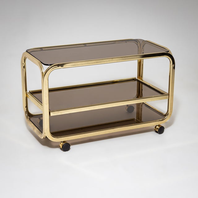Modern Vintage Brass and Smoked Glass Bar Cart, 1980s For Sale - Image 3 of 10