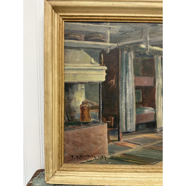 Wood Mid-Century Oil Painting of Woman Working at Spinning Wheel by Thure Malmberg of Finland & Sweden For Sale - Image 7 of 11