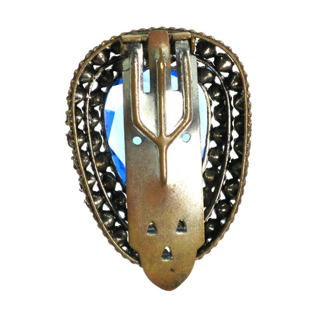 Metal Vintage Art Deco Czech Sapphire Crystal Brooch Clip 1930s For Sale - Image 7 of 8