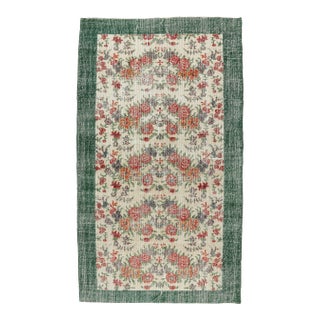 5'8x6'7 Ft, Turkish Floral Area Oushak Vintage Hand-Knotted Floral Green Bordered For Sale