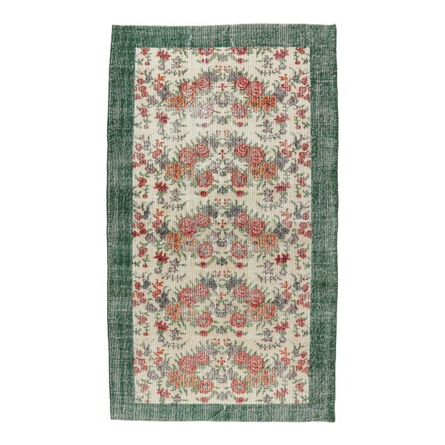 5'8x6'7 Ft, Turkish Floral Area Oushak Vintage Hand-Knotted Floral Green Bordered For Sale