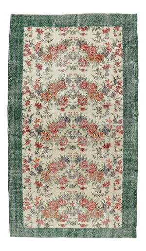 5'8x6'7 Ft, Turkish Floral Area Oushak Vintage Hand-Knotted Floral Green Bordered