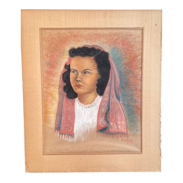 Artist C. Zchrung Mid Century Modern, Dated 4/1945, Pastel, Framed, Signed, Jewish Immigrant For Sale
