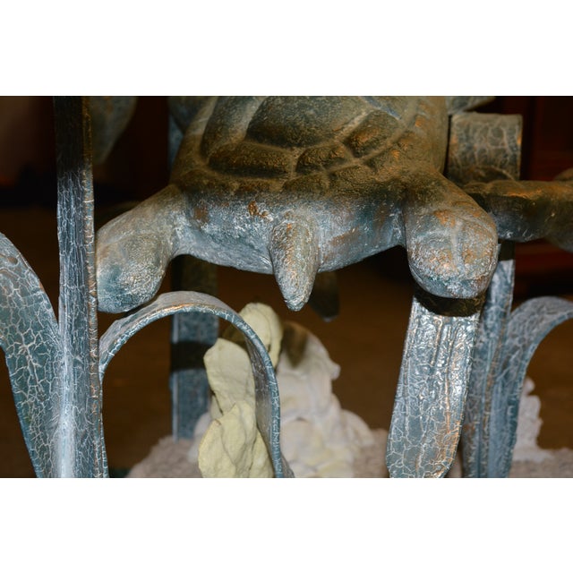 VTG Metal / 'Bronze' Aqua Patina Sea Turtles Ocean Round Glass Coffee Table For Sale - Image 11 of 18