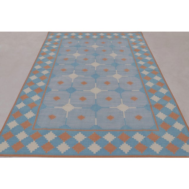 Rug & Kilim Rug & Kilim’s Contemporary Dhurrie Rug in Blue and Rust Tile Design For Sale - Image 4 of 10